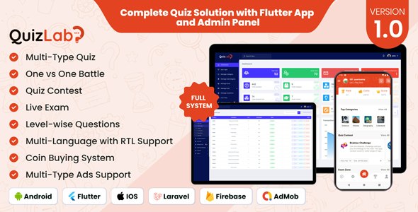 QuizLab v1.0 Nulled - Полное решение для викторин с приложением Flutter и панелью администратора